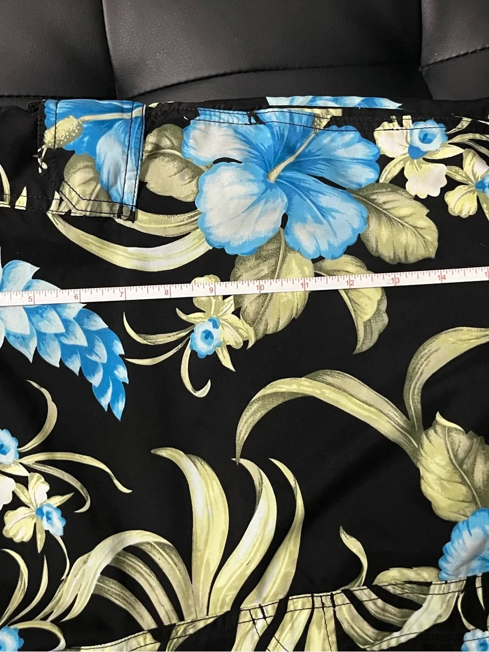 Black Floral Swim Shorts with Blue and Green Hibiscus Print